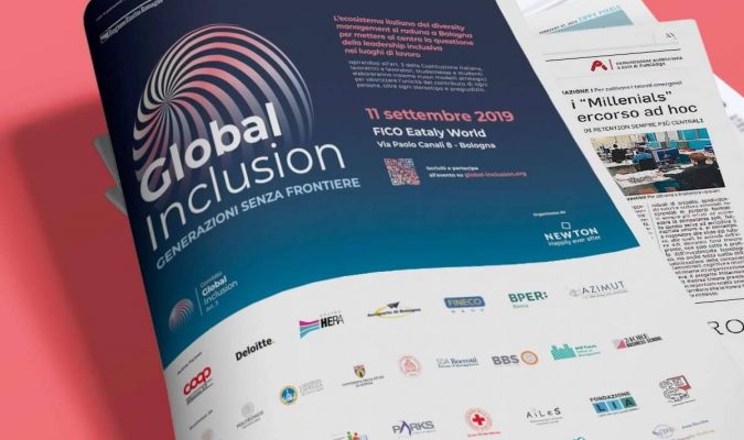Pagina di foglio di giornale con pubblicità dell'evento Global Inclusion e loghi delle realtà che partecipano