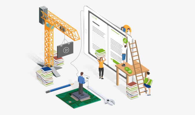 Illustrazione di un cantiere in costruzione con strumenti tecnologici