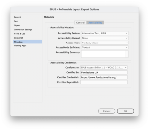 Screenshot del pannello "Accessibilità" in InDesign