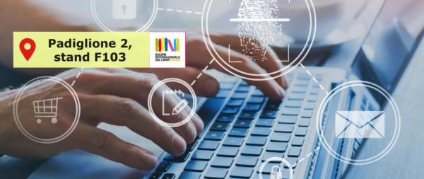 Grafica con logo del Salone del libro di Torino e scritta: Padiglione 2, stand F103, Area Pro.