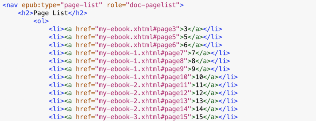 Codice html con <nav epub:type="page-list" role="doc-pagelist"> <h2>Page List</h2> <li><a href="my-ebook.xhtml#page3">3</a></li> <li><a href="my-ebook.xhtml#page5">5</a></li> <li><a href="my-ebook.xhtml#page6">6</a></li>