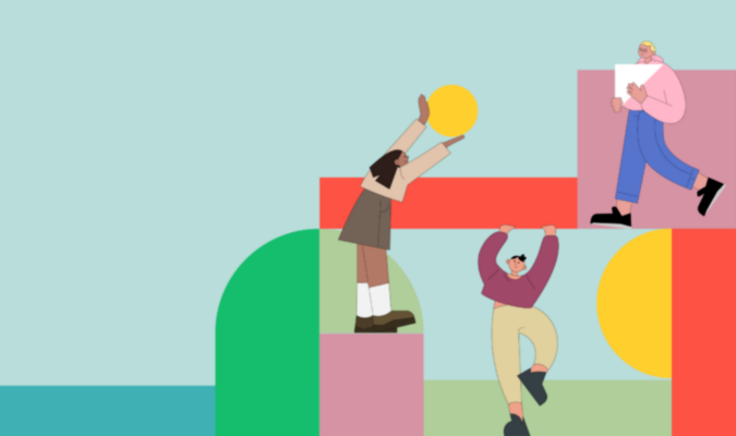 Grafica con omini che giocano su blocchi colorati